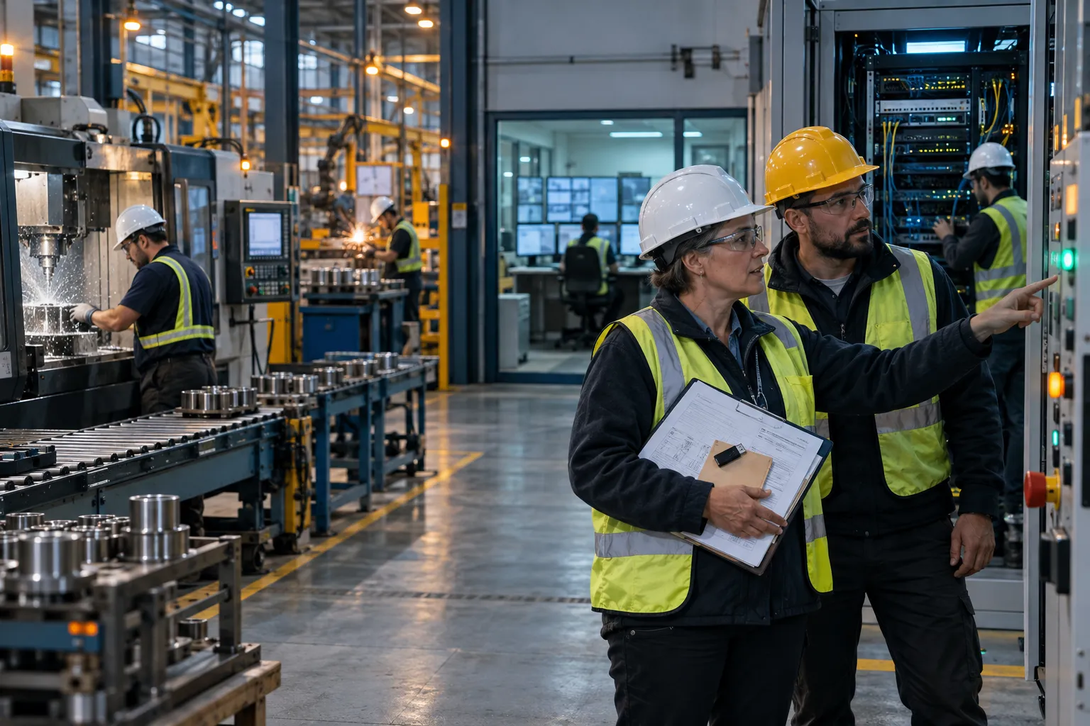 Industrial control panel in modern manufacturing plant, technician reviewing cybersecurity systems