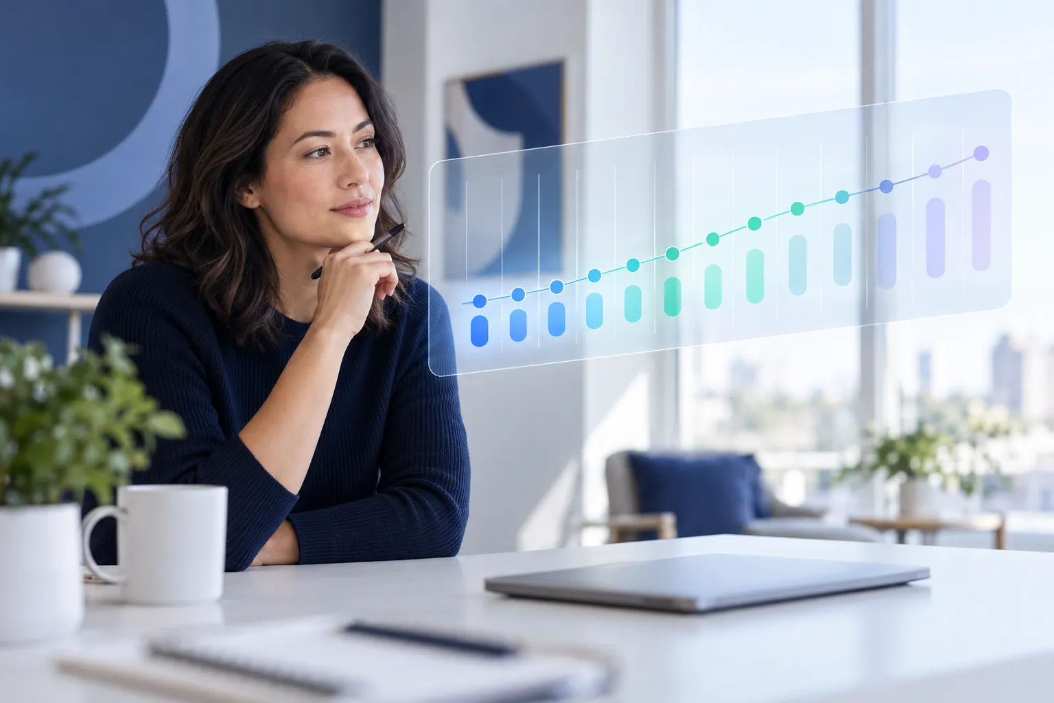 Rolling cash flow forecast dashboard with growth chart on laptop screen
