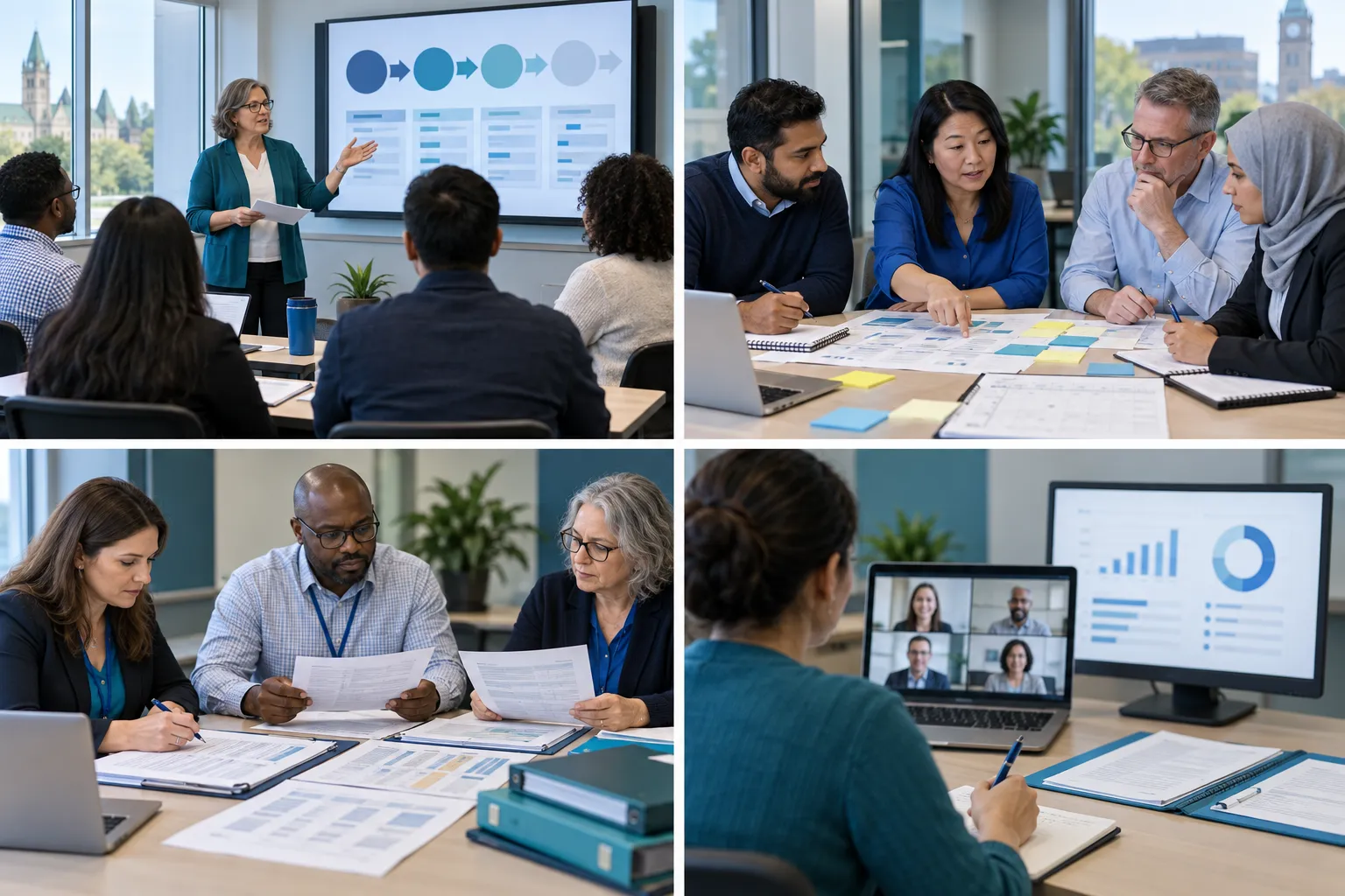 Diverse public-sector teams review procurement contracts and laptops in a blue-and-teal training session