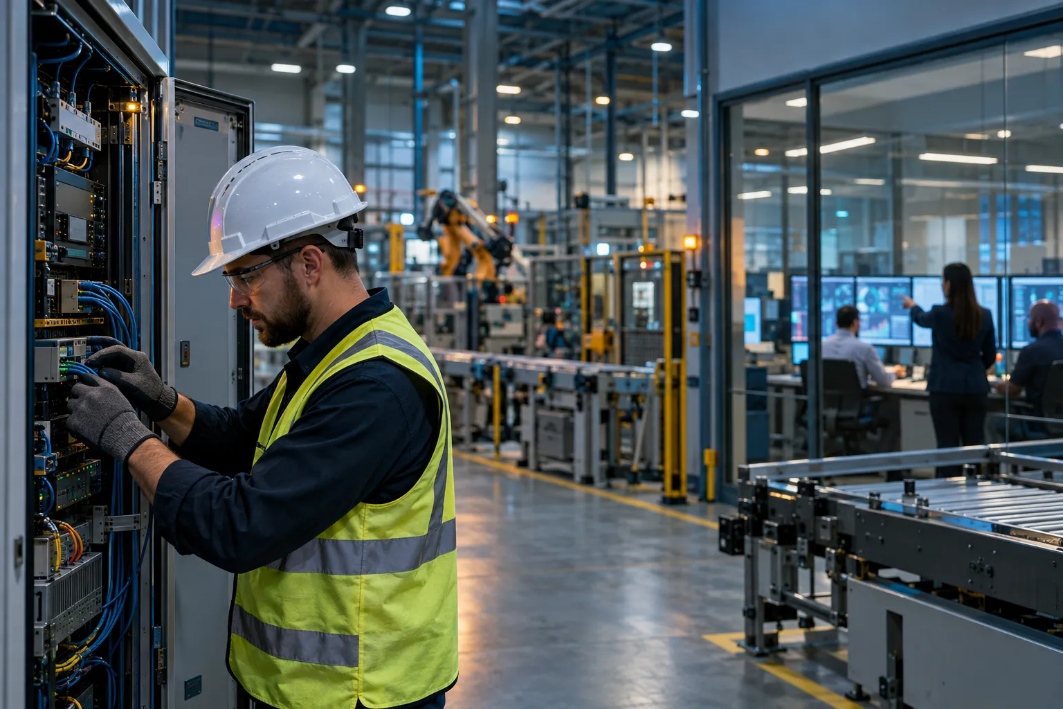 Engineer with laptop monitoring industrial robotic assembly line on factory floor