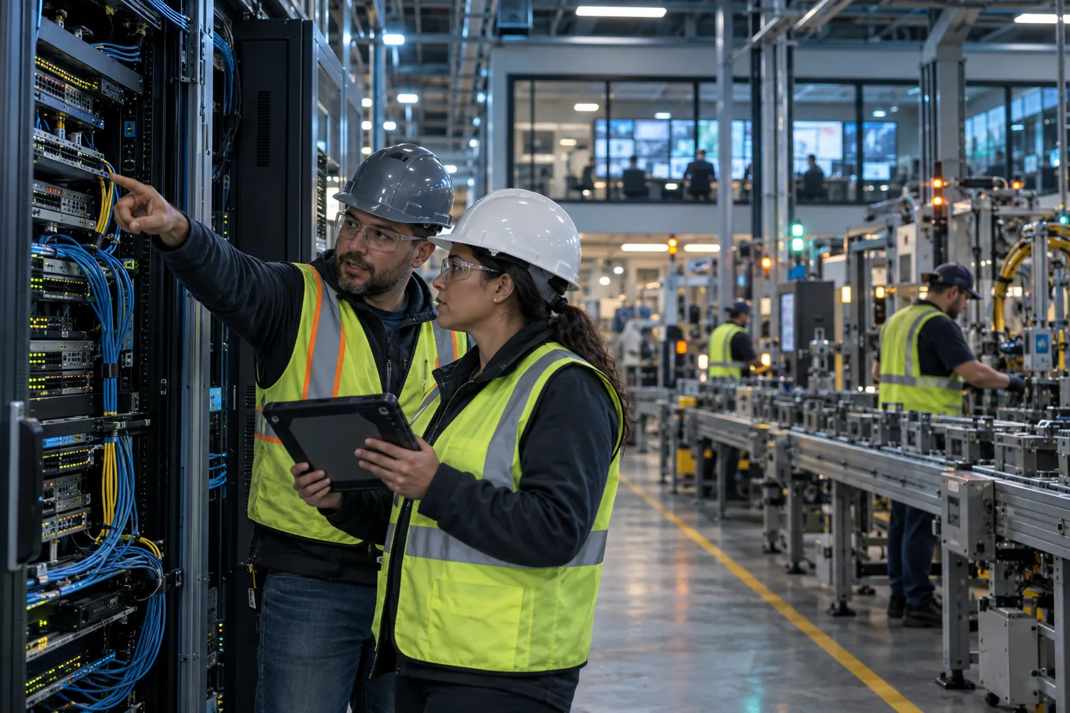 Two engineers reviewing control panel screens on active factory floor