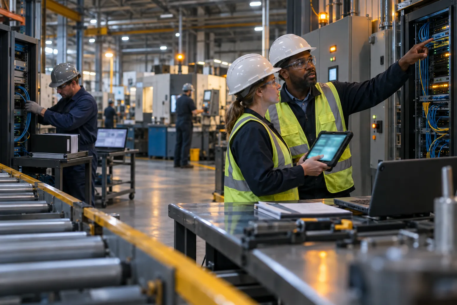 Manufacturing plant manager reviewing checklist with industrial control panels behind