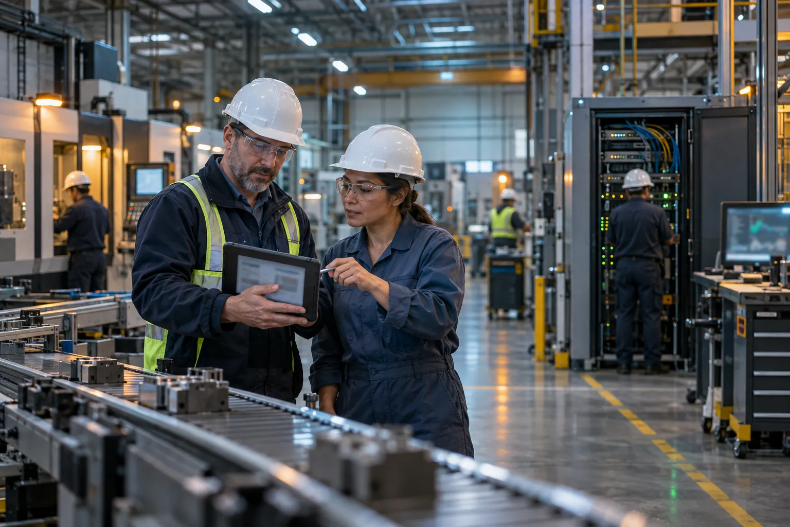 Engineer in safety glasses reviewing contract documents inside modern manufacturing facility