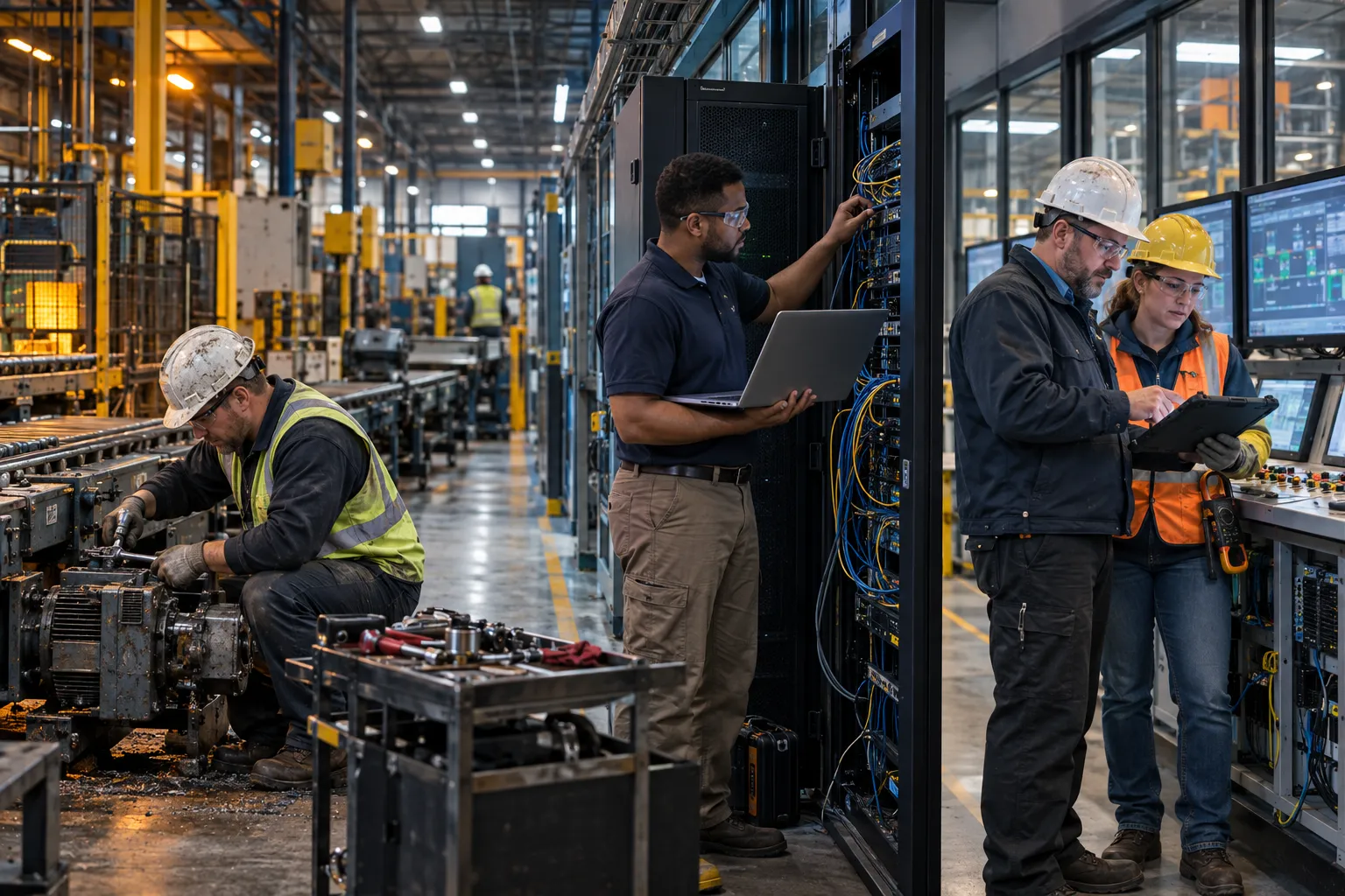 Three IT support models compared across a modern manufacturing factory floor