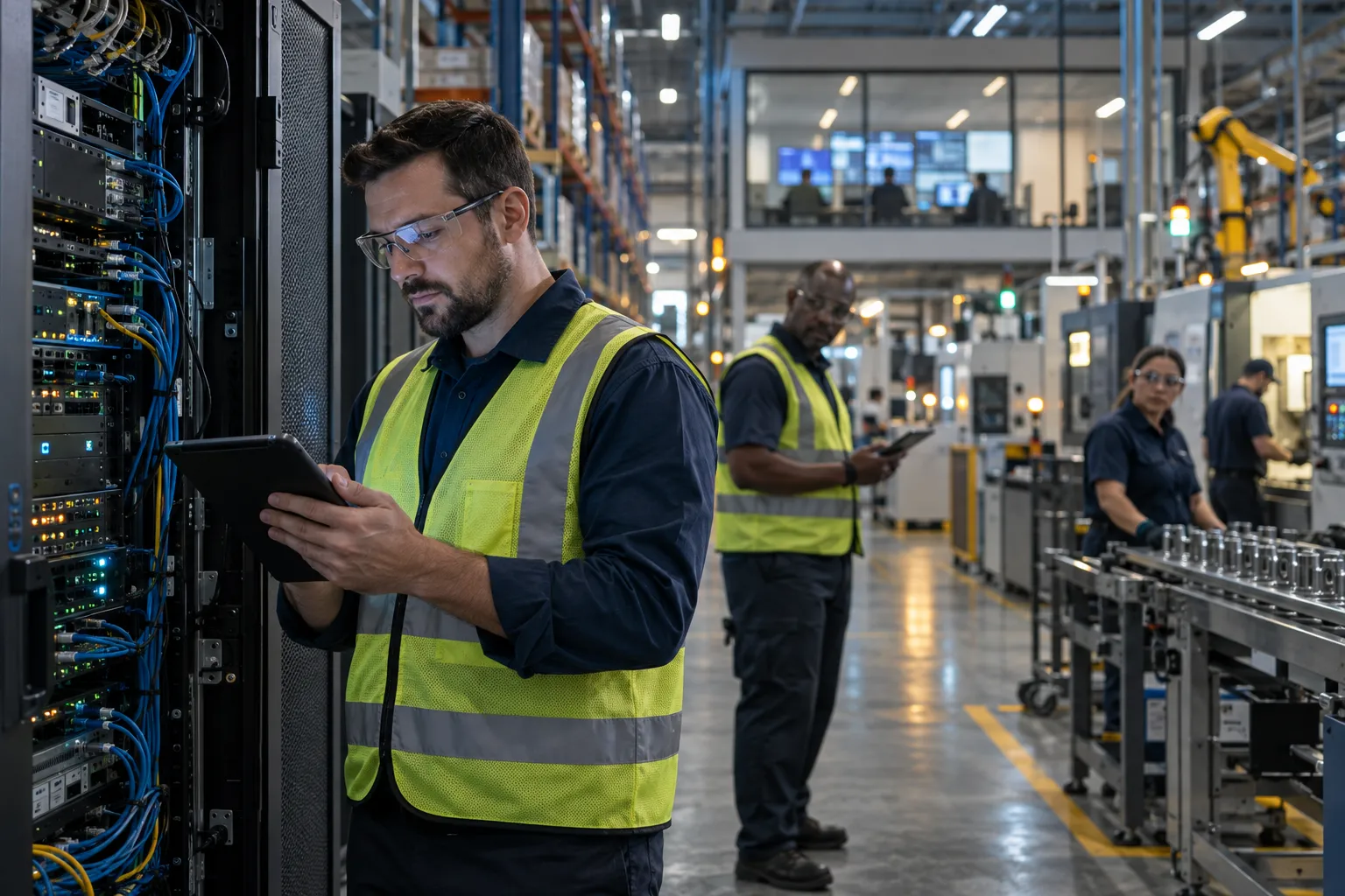 Manufacturing engineer reviewing cybersecurity dashboards on factory floor
