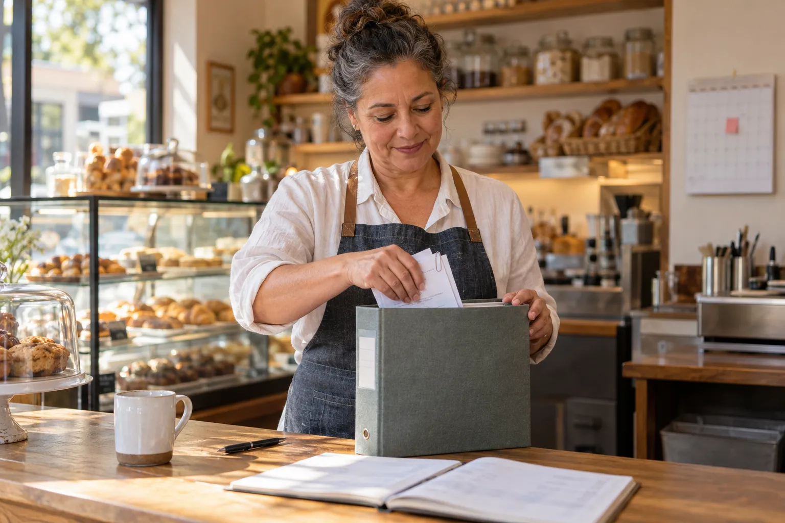 Business professional reviewing annual tax documents at a tidy desk