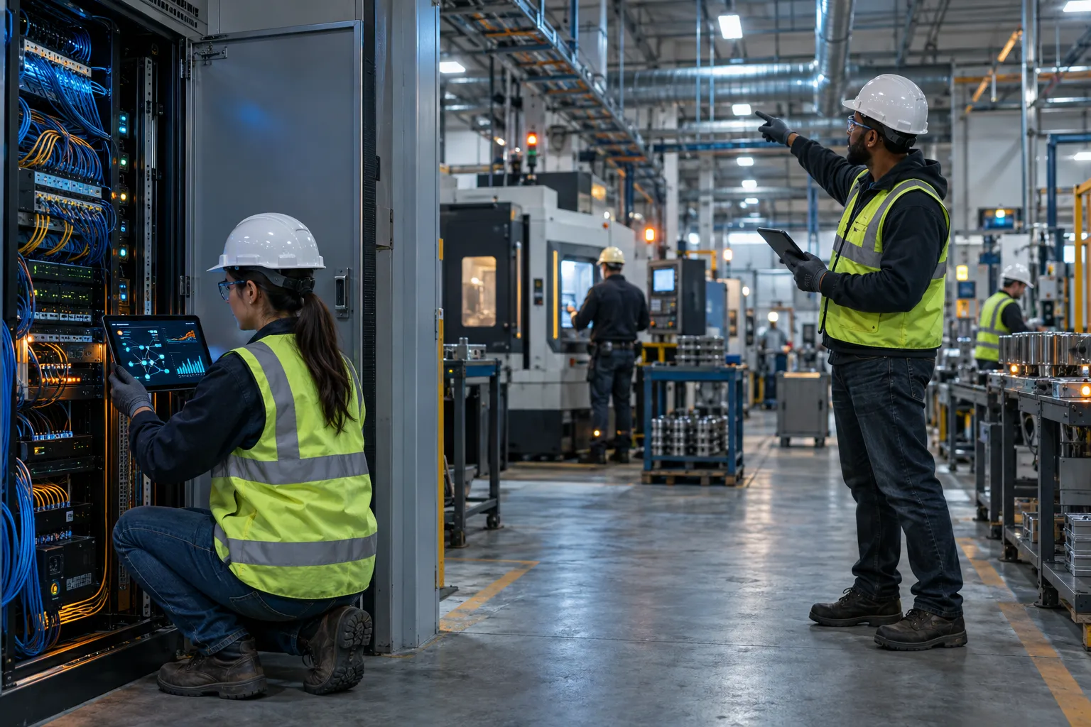 Photorealistic factory floor showing industrial control panels and networked manufacturing equipment