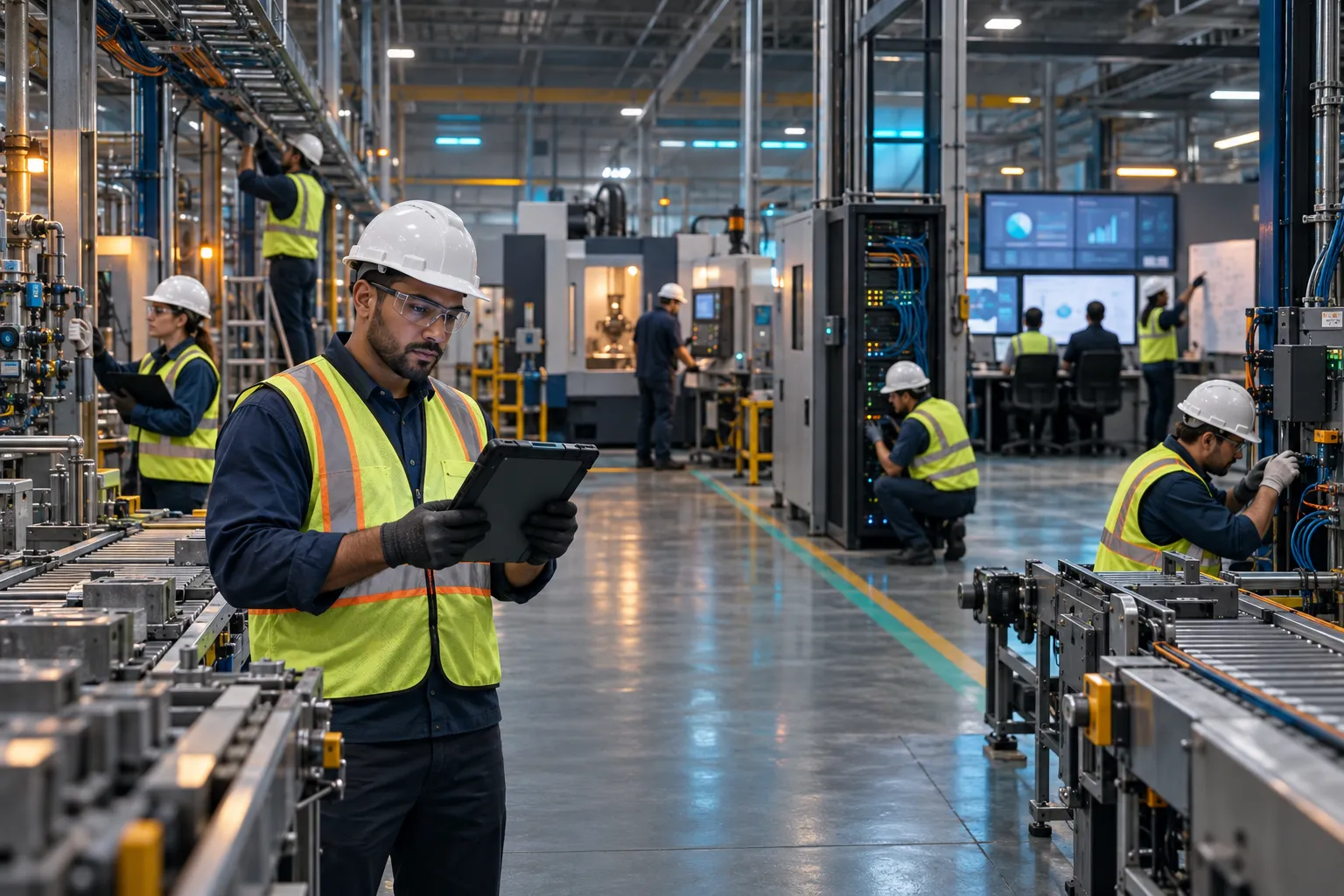 Photorealistic view of a sequenced manufacturing roadmap displayed on factory floor